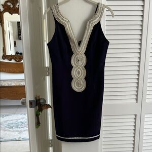 Sleeveless Navy Dress with Metallic Embellished V-Neck